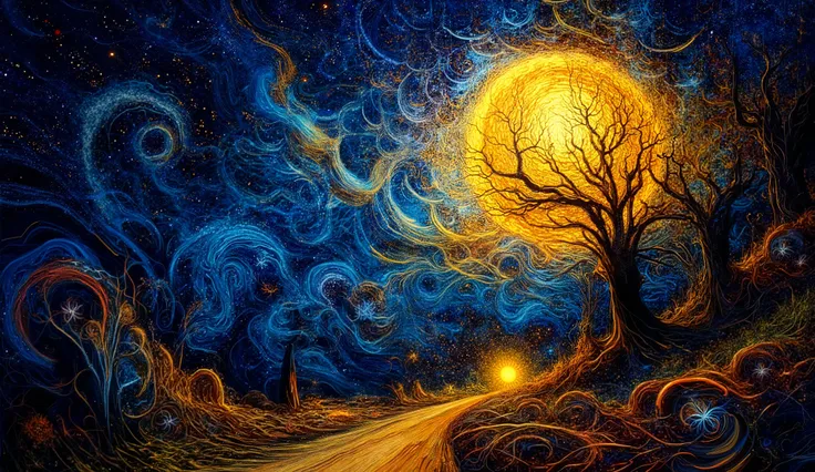 a striking night scene with a large, luminous moon surrounded by swirling patterns of stars and vibrant colors. In the foreground,  silhouetted tree with intricate branches create a dramatic contrast against the bright backdrop. A winding path leads toward...