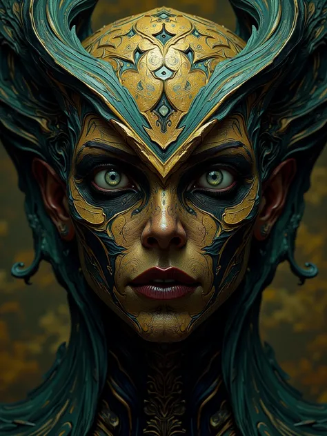 Highly detailed face close of a comic books style of a impressionist chiaroscuro on cinematics style, weird circus figure with a triangle head and multiple eyes, stunning background.