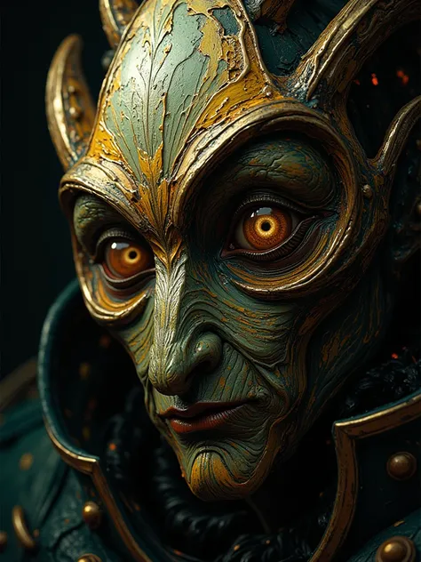 Highly detailed face close of a comic books style of a impressionist chiaroscuro on cinematics style, weird circus figure with a triangle head and multiple eyes, stunning background.