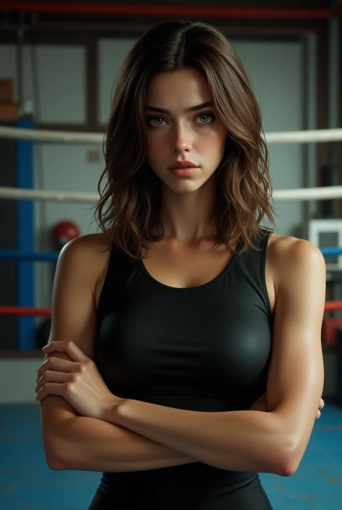 19-year-old woman standing below the ring wearing black training clothes, she has shoulder-length wavy brown hair and green eyes, she appears from the waist to the head with her arms crossed looking forward looking sullen, the environment is a boxing gym.