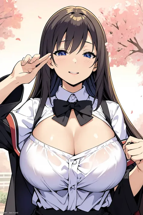 ( Masterpiece),( top quality),(ultra detailed),( highres),2D, anime, ( Anime art), lineart , watercolor,loli,(2 girl),(multiple girls),smile,cleavage, (mega breasts),(white student uniform),laughs,blush