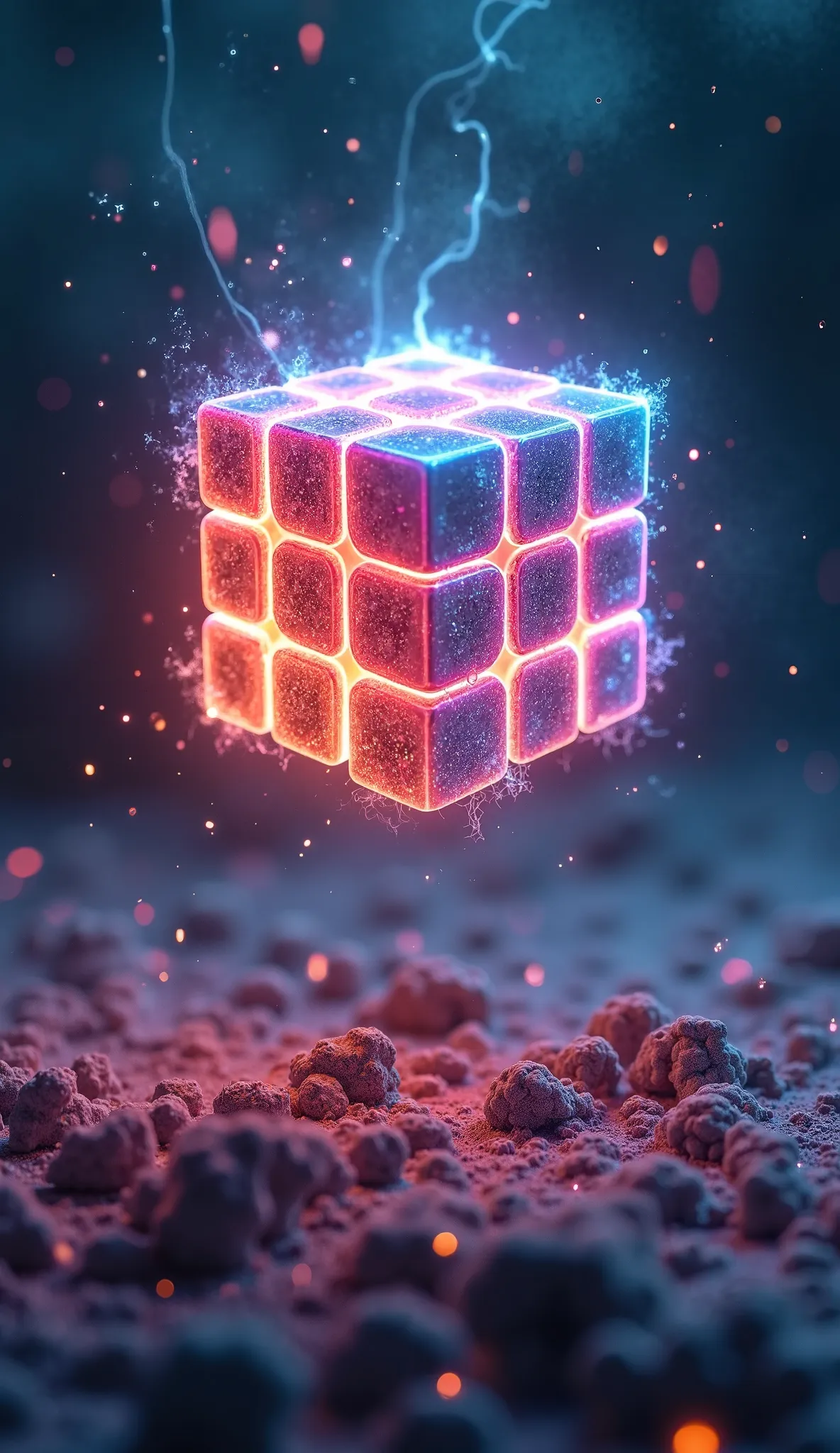 "A glowing Rubik’s Cube floating in mid-air, surrounded by swirling, colorful energy, symbolizing the mental challenge and creativity required to solve puzzles."