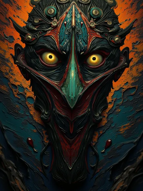 Highly detailed face close of a comic books style of a impressionist chiaroscuro on cinematics style, weird circus figure with a triangle head and multiple eyes, stunning background.