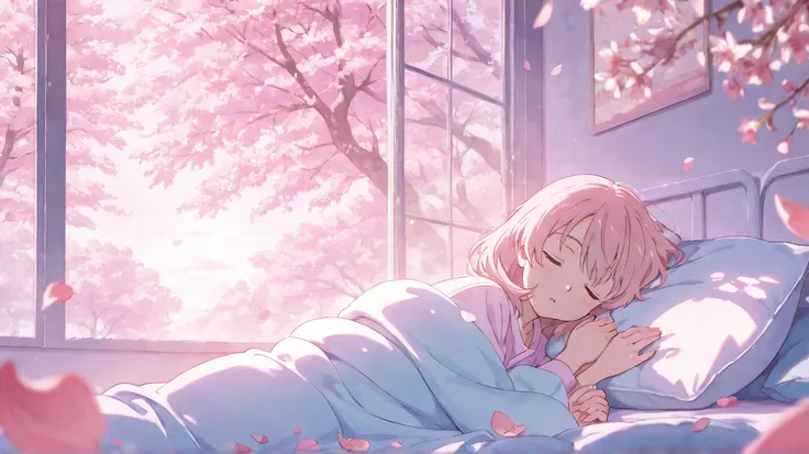 cute anime girls, sleeping peacefully, cherry blossom petals falling, soft morning light, cozy bedroom, spring season, dreamy atmosphere, pastel colors, high quality, detailed, 2D animation style, Ghibli-like colours, masterpiece

ネガティブプロンプト:
low quality, ...