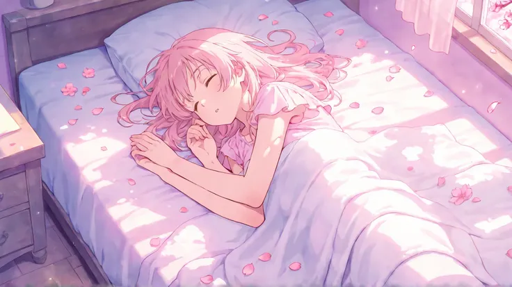 cute anime girls, sleeping peacefully, cherry blossom petals falling, soft morning light, cozy bedroom, spring season, dreamy atmosphere, pastel colors, high quality, detailed, 2D animation style, Ghibli-like colours, masterpiece

ネガティブプロンプト:
low quality, ...