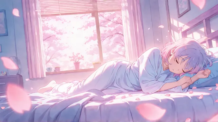 cute anime girls, sleeping peacefully, cherry blossom petals falling, soft morning light, cozy bedroom, spring season, dreamy atmosphere, pastel colors, high quality, detailed, 2D animation style, Ghibli-like colours, masterpiece

ネガティブプロンプト:
low quality, ...