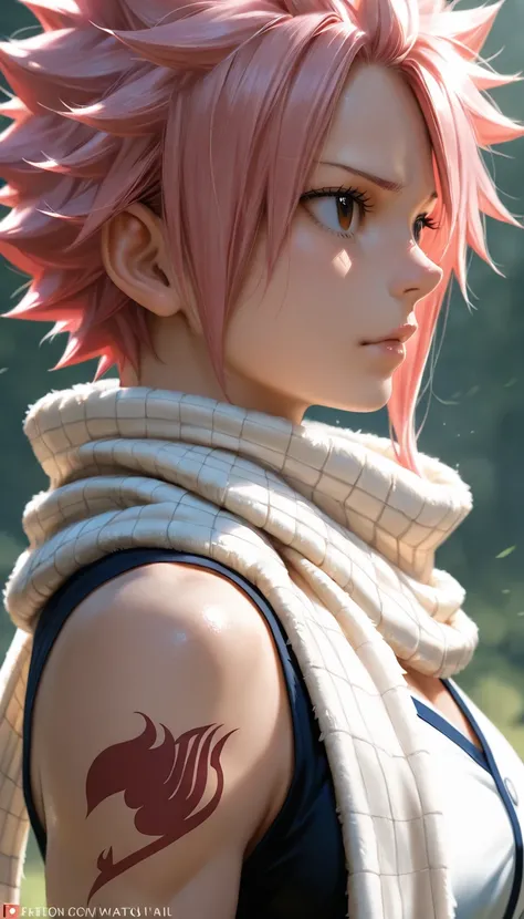 Natsu Dragneel, Fairy Tail, pink hair, masterpiece, highly-detailed, realistic, photorealistic, cinematic light, 1boy, scarf