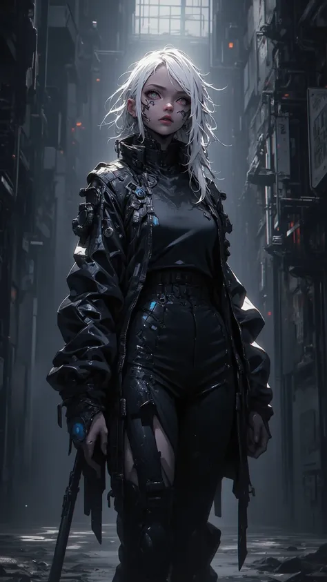  portrays {x} a fierce and vengeful female villain in a 4K style digital animation，Dabi， 。Standing with messy white hair ， instantly catching the eye ，Wearing black leather jacket， standing in a gloomy abandoned scene 。