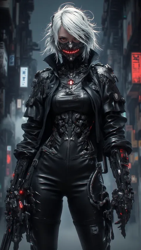  portrays {x} a fierce and vengeful female villain in a 4K style digital animation，Dabi， 。Standing with messy white hair ， instantly catching the eye ，Wearing black leather jacket， standing in a gloomy abandoned scene 。