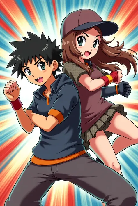 Pokémon TCG style with a dynamic and colorful design.  are in their hands. The illustration shows two adult characters in an energetic and heroic pose. The girl,  has long brown hair , with eyeliner marked ,  wears a game-inspired outfit Of Pokémon and has...