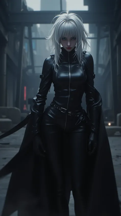  portrays {x} a fierce and vengeful female villain in a 4K style digital animation，Dabi， 。Standing with messy white hair ， instantly catching the eye ，Wearing black leather jacket， standing in a gloomy abandoned scene 。