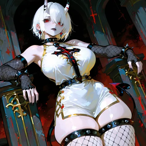 1girl, short hair, white hair, red eyes, white tunic with black lines and gold trim, cross cutout in the chest, large breast, sleeveless, ((yellow detached horns)), ((black lips)), spiked bracelets, spiked choker, earrings, spiked ornament on one horn, thi...