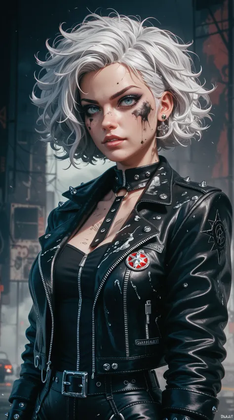  portrays {x} a fierce and vengeful female villain in a 4K style digital animation，Dabi， 。Standing with messy white hair ， instantly catching the eye ，Wearing black leather jacket， standing in a gloomy abandoned scene 。