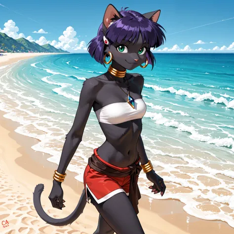 masterpiece,best quality,amazing quality,very aesthetic,absurdres,newest, solo, anthro furry cat girl, furry female, black fur, cet ears and tail, , nadia la arwall,  jewelry, short hair, purple hair, green eyes, tube top, strapless, bandeau, shorts, outdo...