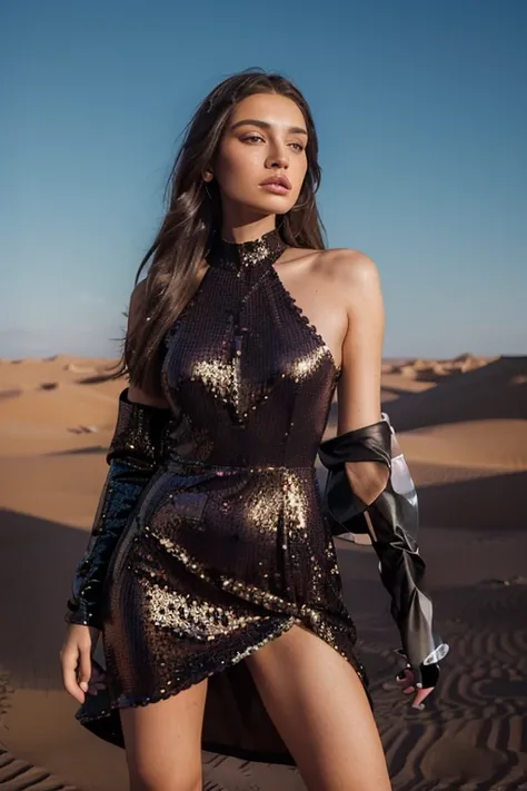 An avant-garde high fashion photoshoot in a desert landscape featuring beautiful model (((best quality)), ((masterpiece)), (detailed), perfect face realistic photo of beautiful woman with long dark brown hair, Russian, influencer, light freckles, dark brow...