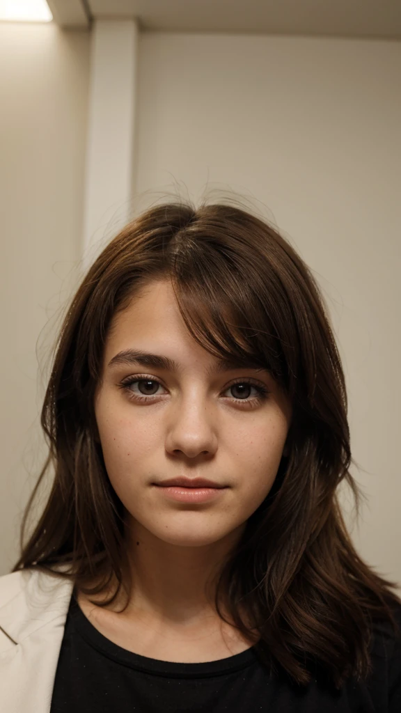  18-year-old woman, light brown hair and black eyes 