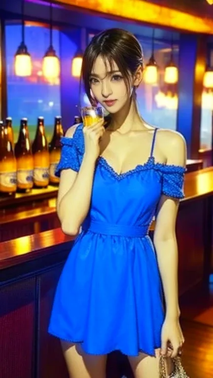 a woman in a blue dress holding a bag of Beer ,   young skinny gravure idol , , 240 pages ,  short mini dress , Beer  advertisement,  Slender Girl Model Pictures,  young cute gravure idol, Beer , Erica Ikuta,  young sensual gravure idol ,  open v-neck clot...