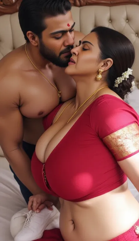 Top view, on a bed, a shirtless African long beard man is forcefully kissing A 40-year-old busty and curvy Brazilian sweaty woman of hourglass tall figure. The woman is wearing dhoti in bottom and a full sleeve tight blouse with fronted knot paired with sp...