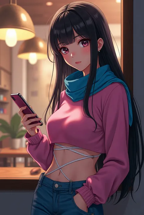 anime girl, long dark hair, cropped form-fitting pink sweater, jeans, exposed midriff, exposed stomach, fitted sweater, cropped sweater, exposed midriff, white bands wrapping around stomach, blue scarf, long jeans pants, big eyes, at the cafe, standing, le...