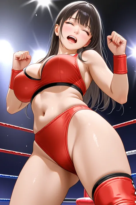 A Japanese female wrestler lies half naked in a wrestling ring, eyes closed and expression of agony,top rated on pixiv, realistic anime style at pixiv