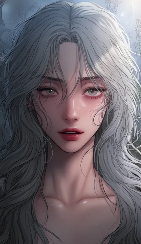 rangrarii artsytle, woman with grey long hair, blue eyes and red