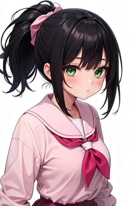 1girl, solo, black hair, green eyes, ponytail, sidelocks, calm expression, school uniform, pink shirt, dark pink skirt, white background
