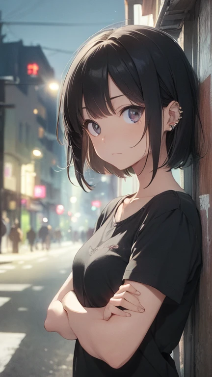 feminine, japanese, light skin, short black hair, cold, piercing eyes, sarcastic expression, dark casual clothing, arms crossed, distant posture, night urban background, dark shadows, soft lighting, close-up do rosto, melancholic atmosphere.