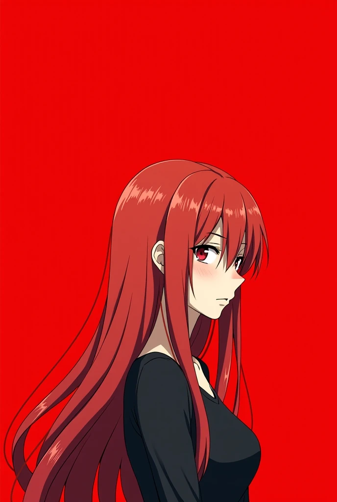 a poster of a woman with long red hair and a red background, an anime drawing by Ay-O, pixiv, serial art, yandere, anime style, anime artstyle, in anime style, ( ( ( yoshinari yoh ) ) ), anime cover, anime style only, style of red line anime movie, has blo...