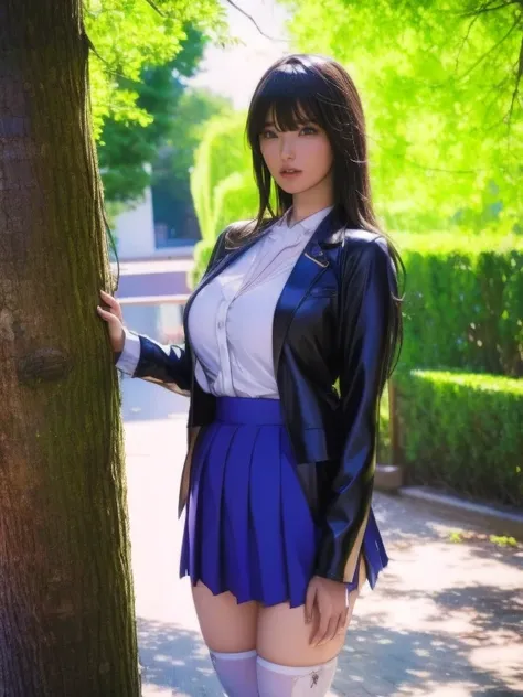 Arab woman in skirt and jacket leaning against a tree, ayaka  cosplay, anime girl  cosplay,  wearing a latex costume made by Kudouatsuko,  thigh-length socks and skirts ,  And I'm wearing the principal's uniform, elegant glamourous  cosplay,  cosplay, Misa...