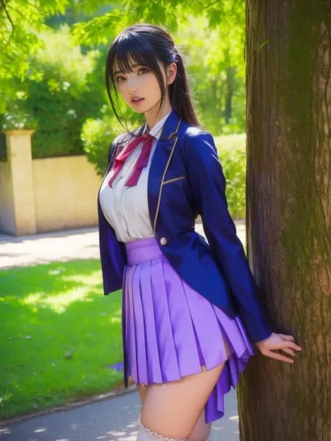 Arab woman in skirt and jacket leaning against a tree, ayaka  cosplay, anime girl  cosplay,  wearing a latex costume made by Kudouatsuko,  thigh-length socks and skirts ,  And I'm wearing the principal's uniform, elegant glamourous  cosplay,  cosplay, Misa...