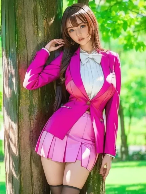 Arab woman in skirt and jacket leaning against a tree, ayaka  cosplay, anime girl  cosplay,  wearing a latex costume made by Kudouatsuko,  thigh-length socks and skirts ,  And I'm wearing the principal's uniform, elegant glamourous  cosplay,  cosplay, Misa...