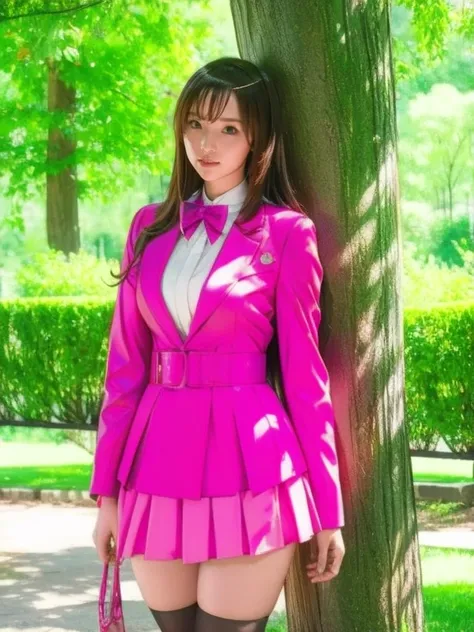 Arab woman in skirt and jacket leaning against a tree, ayaka  cosplay, anime girl  cosplay,  wearing a latex costume made by Kudouatsuko,  thigh-length socks and skirts ,  And I'm wearing the principal's uniform, elegant glamourous  cosplay,  cosplay, Misa...