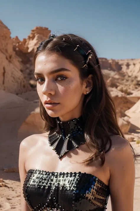 An avant-garde high fashion photoshoot in a desert landscape featuring beautiful model (((best quality)), ((masterpiece)), (detailed), perfect face realistic photo of beautiful woman with long dark brown hair, Russian, influencer, light freckles, dark brow...