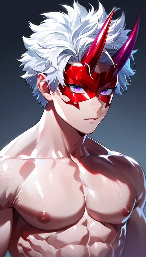 Ultra detailed, high resolution, masterpiece, white hair, short hair, expressive purple eyes, ((detailed))Boku No Hero Academia shirtless, shiny, handsome and sexy man, toned chest, extremely detailed face, red horns and detailed eyes, shiny and perfect fa...