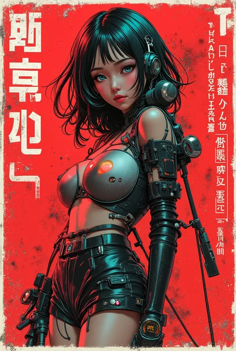 Score_10, vivid and grungy retrofuturistic pop grunge,  retrowave japanese sci-fi anime art, introducing a techno android anime girl MIKO—1A, an attractive super hybrid-cyborg soldier,rotoscoping technique, dark vivid 80s analog cool and retro 3D manga com...