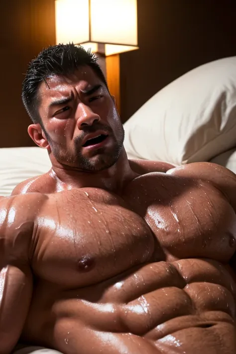 muscular Japanese bodybuilder, intense orgasm expression, hairy chest, extremely sweaty, laying on bed, (best quality, 4k, 8k, highres, masterpiece:1.2), ultra-detailed, (realistic, photorealistic, photo-realistic:1.37), hyper-detailed muscles, veiny skin,...