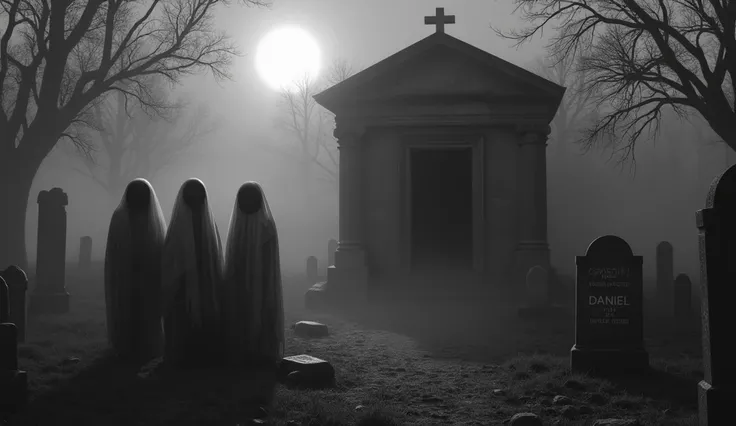 A black and white scene of an old cemetery shrouded in dense fog .  at the city centre,  an ancient mausoleum with a half-open door ,  from which dark shadows seem to creep out . In front of the entrance ,  three ghostly figures of young people with empty ...