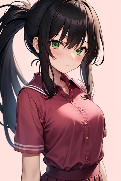 1girl, solo, black hair, green eyes, ponytail, sidelocks, calm expression, school uniform, pink shirt, dark pink skirt, white background
