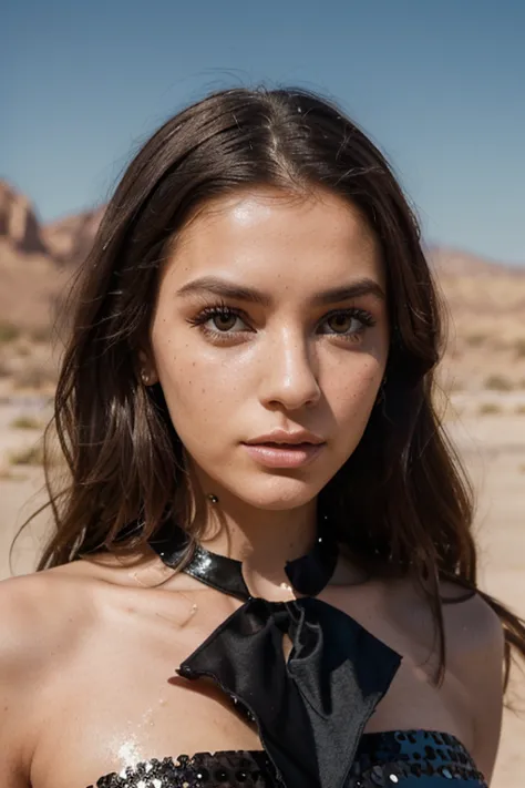 An avant-garde high fashion photoshoot in a desert landscape featuring beautiful model (((best quality)), ((masterpiece)), (detailed), perfect face realistic photo of beautiful woman with long dark brown hair, Russian, influencer, light freckles, dark brow...