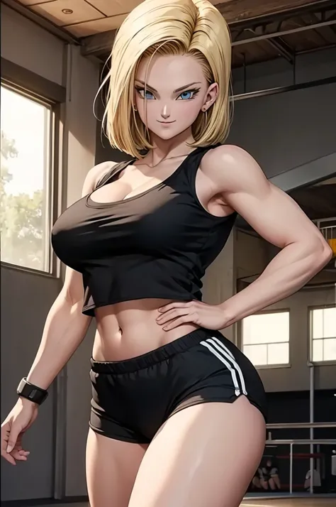 android 18 is uploading a black volleyball uniform,  tank top, cleavage, tight athletic shorts, (cowboys shooting  ),  very seductive ,   seductive pose  ,    smiling, very ,  Ultra High Definition,   Masterpiece ,  ultra high quality,  ultra detailed, 8k,...