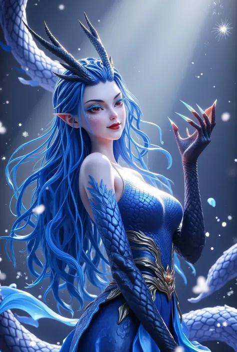 Noble and Elegant Dragon Princess,She will freeze magic, red eyes,Blue eyelashes,Dragon Horn。Prefer blue clothes。Dragon in the air。crystal darts,Examples of luminescence, ray tracing,Motion Capture。 Disney-style ,IG Model,Blue Elf, Detailed Fantasy Art ...