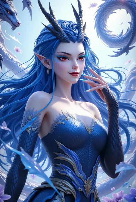 Noble and Elegant Dragon Princess,She will freeze magic, red eyes,Blue eyelashes,Dragon Horn。Prefer blue clothes。Dragon in the air。crystal darts,Examples of luminescence, ray tracing,Motion Capture。 Disney-style ,IG Model,Blue Elf, Detailed Fantasy Art ...