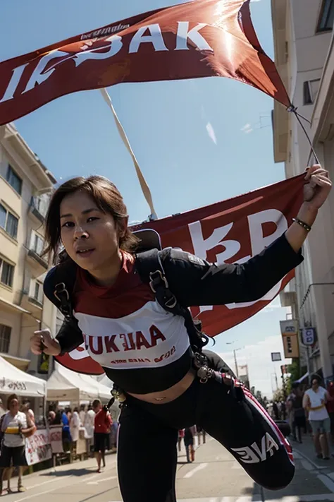 I want a picture of a person skydiving while carrying a banner that says "IKPB JAYA"