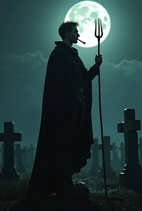 Create the creepy image of a man in his thirties: he has short, slightly blond hair, he's smiling, he's got a penetrating look, and a homicidal smile, he's got a trident in his hand., He wears a black cape he is inside a horrifying cemetery on a full moon ...