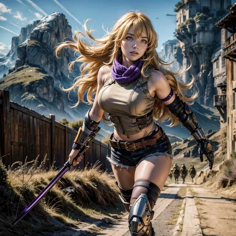 yangxiaolong, yang xiao long, long hair, blonde hair, large breasts, (purple eyes:1.3), ahoge, bangs, BREAK smiling, wearing military combat clothing, sleeveless, shorts, boots, mechanical arms, single mechanical arm, prosthesis, prosthetic arm, BREAK hold...