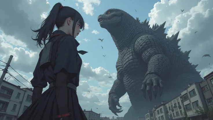  above、 Fisheye 、very big girl、A super huge high school girl who encounters Godzilla 、 black hair、 ponytail、 black uniform、 cloudy sky、The height of a huge high school girl is about twice that of a public housing complex、profile、 takes a fighting pose agai...