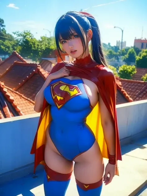 Woman in costume posing for a photo on the roof,  superheroine costume, anime girl  cosplay, Dressed in a hero costume ,  superhero girl ,  Superhero Outfit Having Sex With Middle-Aged Man , anime  cosplay,  dark blue leotard costume ,  high quality costum...