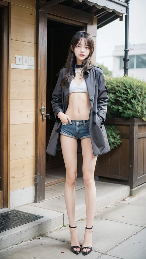  One Person Point of View;
 girl( Masterpiece,  top quality:1.2), 8k, 18 year old student,Height: 175cm.8 heads、  model style body 、 My inseam is half my height 、 shot her whole body from ground level、(((((Short torso:1.2))))、(((( long legs:1.2))))、(((( Re...