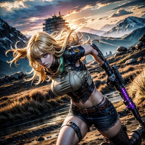 yangxiaolong, yang xiao long, long hair, blonde hair, large breasts, (purple eyes:1.3), ahoge, bangs, BREAK smiling, wearing military combat clothing, sleeveless, shorts, boots, mechanical arms, single mechanical arm, prosthesis, prosthetic arm, BREAK hold...