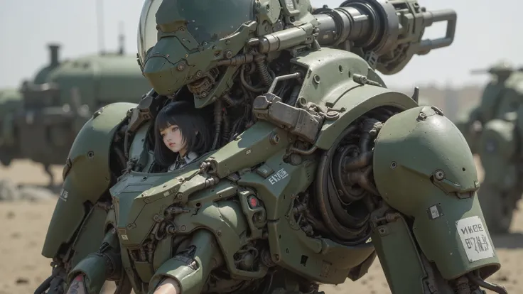 ８ｋ,  feels just like the real thing  、 Super Realism 、 realistic pictures、 A Japanese female pilot sits in a cockpit placed on the chest of a giant robot.、  black hair、 BOB CUT、 beautiful women、 moss green combat armored robots 、straight line, Rugged desig...